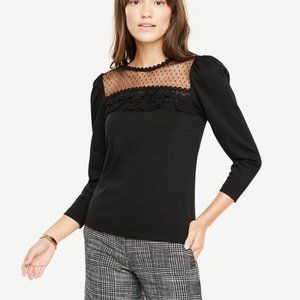 Ann Taylor Lace Yoke Puff Sleeve Top black S *New*